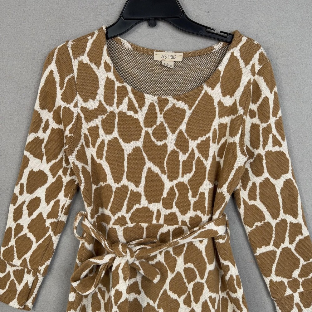 Astrid Sweater Dress Womens Small Brown Animal Print Belted Knit Midi Italy - Picture 2 of 8